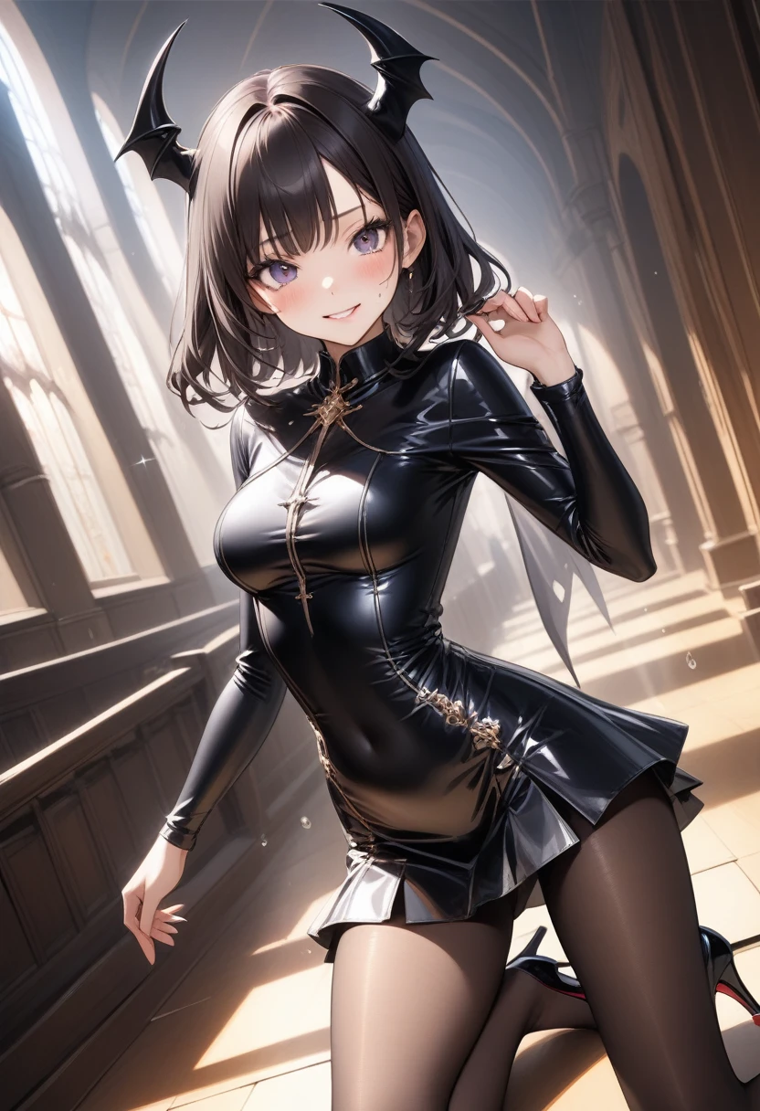 grim reaper, (Evil smile), (((Cult Costume, Leather panties, skirt, Pantyhose, Stiletto heels))), ((Shiny Costumes)), ((skindentation)), skinny, solo, 1 woman, Masterpiece, highest quality, highest quality, 16K, incredibly absurd, highly detailed, 2.5D, ai-generated, delicate and dynamic, very delicate facial expressions, delicate eye depiction, erotic, only sexy woman, ((A cute and kind face)), healthy figure, ((1 woman)), 160cm tall, medium firm swaying bust, Dark Hair, blush, Sweat,Embarrassed,sexy, ((thin thighs)), shiny and lustrous, facing straight at viewer, (((in heat))), ((Oily_skin)), ((Lots of sweat)), ((dutch angle)), ((erotic pose)), (((Dynamic Pose))), ((Transparent and sparkling costume)), ((Demon World's Great Hall)), (sit),