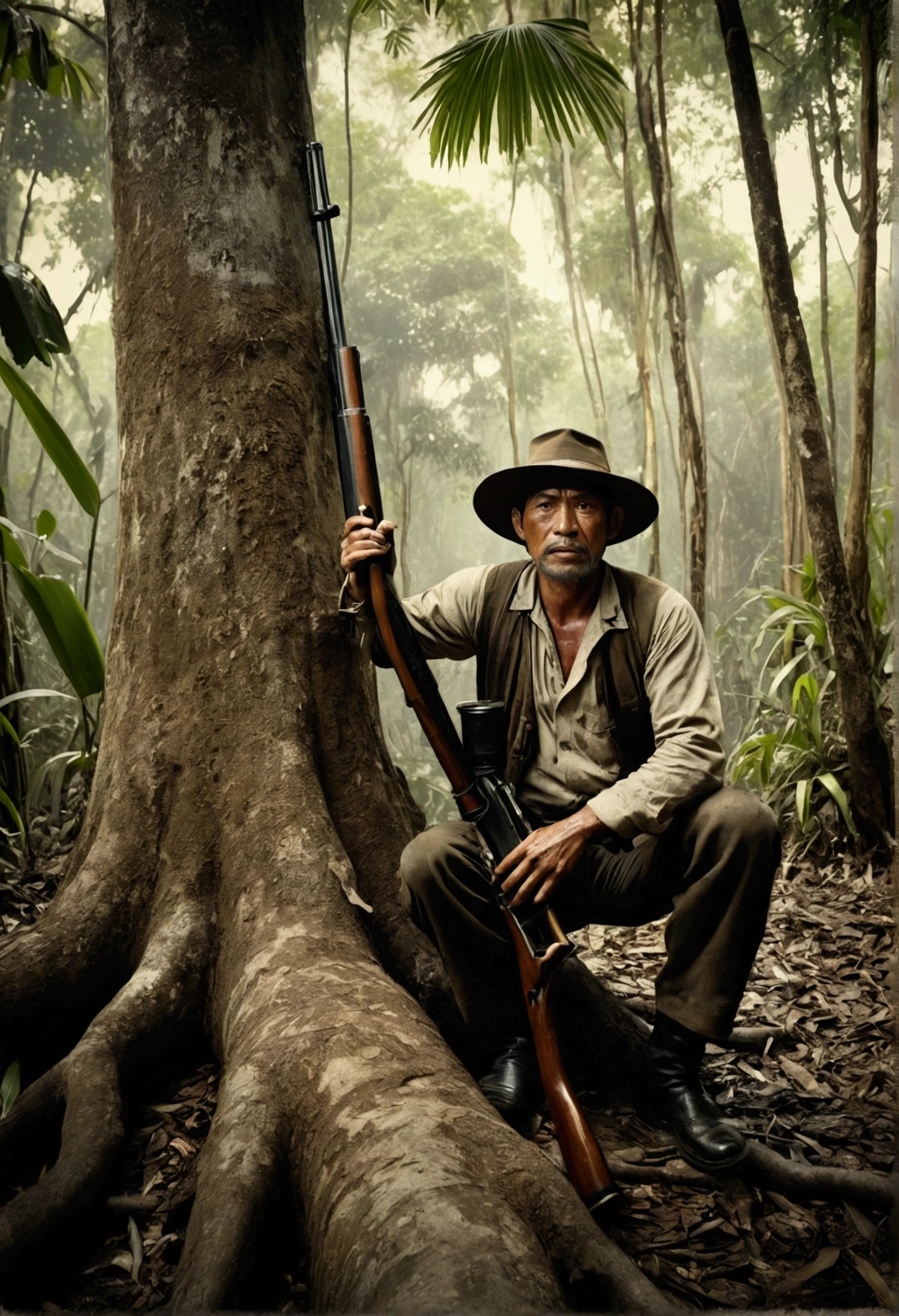 Tiger jumping on Wet Plate Photography Collodion Style, 1890, Thai old hunter, forest Thai hunter, sitting on a tree, rainforest, Thailand, using a long shotgun, shooting a tiger with a head, shooting with a tiger with a fierce face. On the ground, a man with a fierce face, red eyes,scary atmosphere, taken with a camera. 8K, cinematic photography. Hyper detail,Rendered by awesomeness