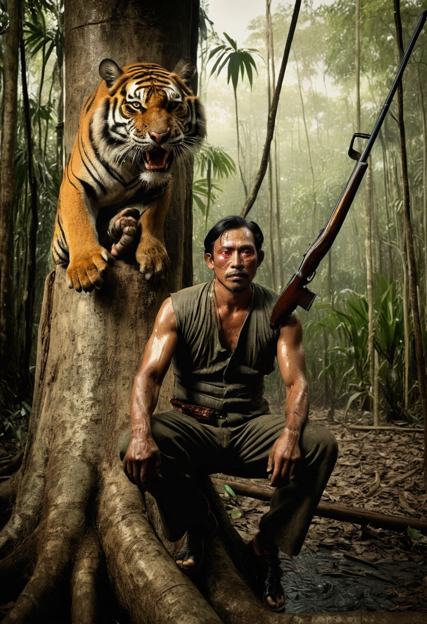 Tiger jumping on Wet Plate Photography Collodion Style, 1890, Thai old hunter, forest Thai hunter, sitting on a tree, rainforest, Thailand, using a long shotgun, shooting a tiger with a head, shooting with a tiger with a fierce face. On the ground, a man with a fierce face, red eyes,scary atmosphere, taken with a camera. 8K, cinematic photography. Hyper detail,Rendered by awesomeness