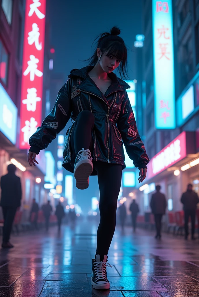photo-realistic, dramatic scene, cinematic scene, masterpiece, (extremely beautiful Japanese boyish fat girl), professional dancer, full body, acrobatic pose, dynamic angle, breakdancing at street at night, cyber punk downtown with neon, her brilliant fantastic dance techniques, professional light, stage light, spot light, wearing cyber punk neon marker integrated cloths