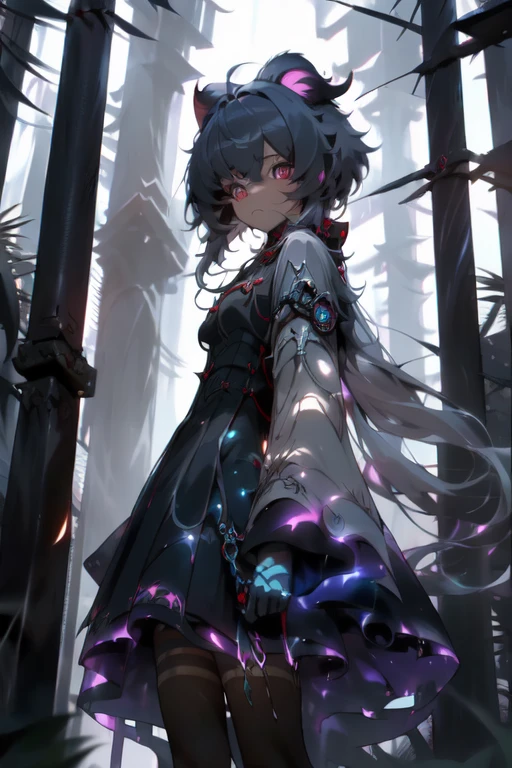 (Meisterwerk:1.2), uhd, Strukturierte Haut, gute Qualität, highly detailed, hohe Details Gesicht, Meisterwerk, beste Qualität, (Erstaunlich absurd:1.2), fluffy, 1 Foxgirl, fox ears, looking sad, cry, long black dress, glowing eyes, Fullbody , leuchtentes Black long Hair, Hair bow, black knee socks, Soft colors, Kawaii, beautiful colors, (Rain:1), (Forest:1.5), (Night:2), ganyu \(genshin impact\)