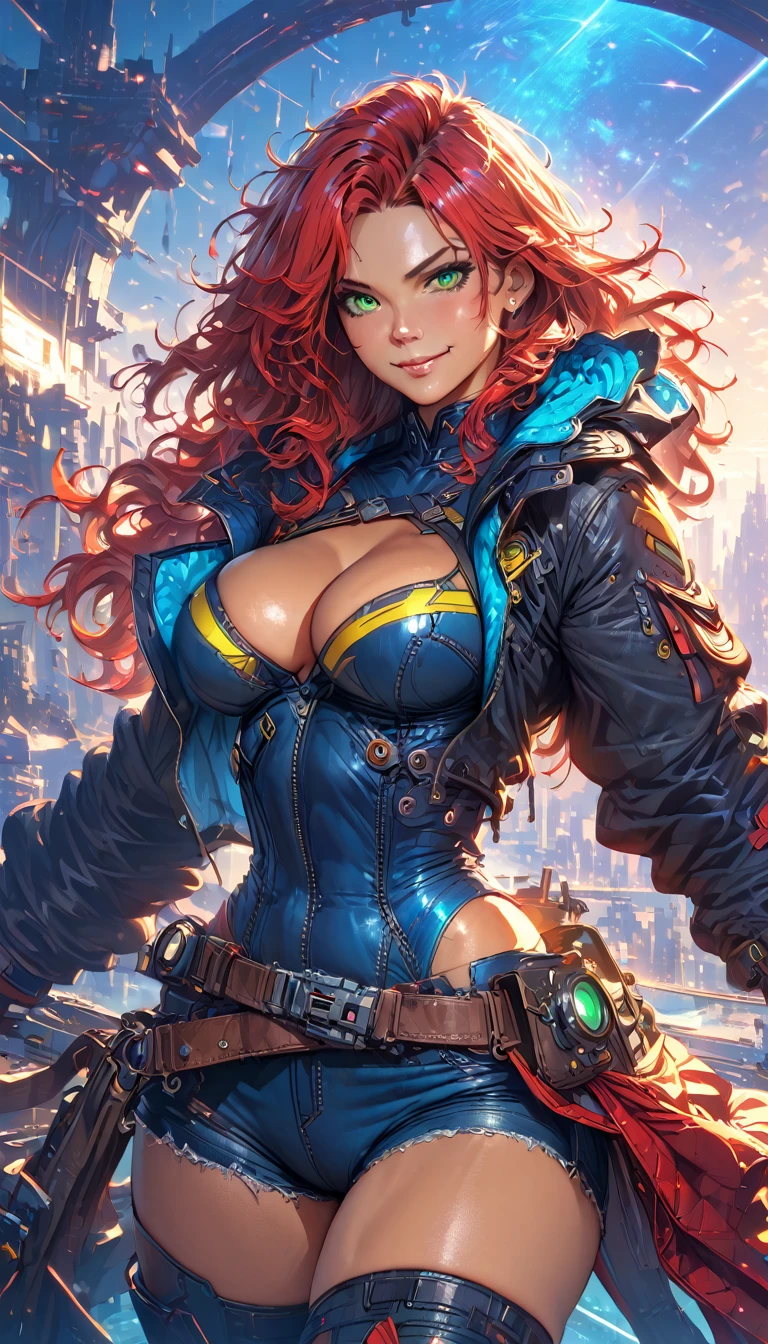 best quality,4k,8k,highres,masterpiece:1.2),ultra-detailed, extremely detailed eyes, extremely detailed body, (large masterpiece digital art), (detailed manga illustration), (detailed line art), ((perfect anatomy)), (intricate details:1.3), (ultra-detailed:1.3), (illustration:1.3), (sharp focus:1.3), (natural lighting:1.05), (vivid colors:1.3), (masterpiece), (best quality:1.4), (perfect anatomy:1.4), high quality, expressive eyes, full body, detailed face, beautiful face, perfect face, 1 girl, breasts, cleavage, gloves, large breasts, cyberpunk clothes, jacket, black jacket, very long hair, thigh length hair, ({dark skin}), dark-skinned female ,detailed ((red hair)), messy hair, green eyes, hourglass physique, bodysuit, ultramarine bodysuit, sleeveless, shorts, thick thighs, toned, captain marvel emblem, emblem, superhero, dynamic lighting, cinematic lighting, dynamic heroic pose, smiling, outer space background, curvy, Atey Ghailan, Jeremy Mann, Greg Manchess, Antonio Moro, trend in ArtStation, trend in CGSociety, Intricate, High Detail, Sharp focus, dramatic and photorealistic painting art by Midjourney and Greg Rutkowski, Jeff Bridges, ((cartoon style)), Marvel Cinematic Universe style