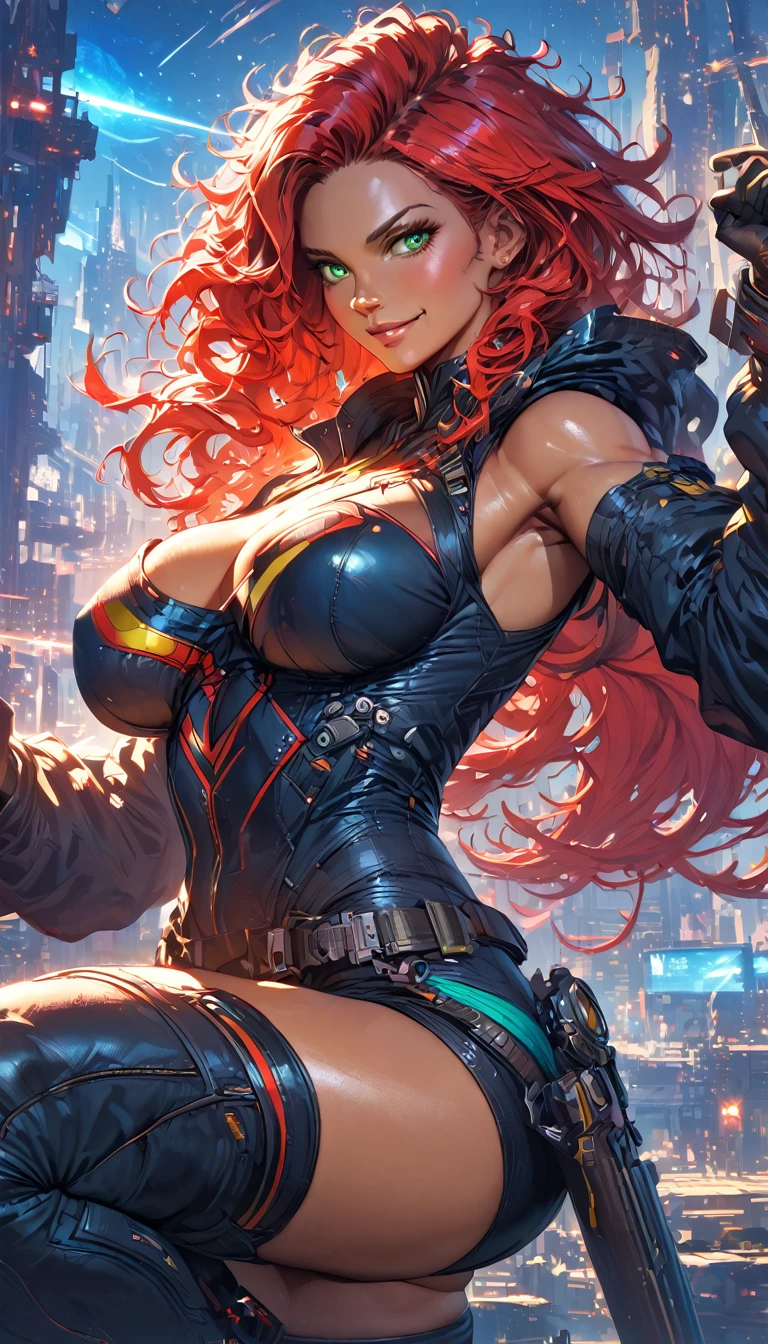 best quality,4k,8k,highres,masterpiece:1.2),ultra-detailed, extremely detailed eyes, extremely detailed body, (large masterpiece digital art), (detailed manga illustration), (detailed line art), ((perfect anatomy)), (intricate details:1.3), (ultra-detailed:1.3), (illustration:1.3), (sharp focus:1.3), (natural lighting:1.05), (vivid colors:1.3), (masterpiece), (best quality:1.4), (perfect anatomy:1.4), high quality, expressive eyes, full body, detailed face, beautiful face, perfect face, 1 girl, breasts, cleavage, gloves, large breasts, cyberpunk clothes, jacket, black jacket, very long hair, thigh length hair, ({dark skin}), dark-skinned female ,detailed ((red hair)), messy hair, green eyes, hourglass physique, bodysuit, ultramarine bodysuit, sleeveless, shorts, thick thighs, toned, captain marvel emblem, emblem, superhero, dynamic lighting, cinematic lighting, dynamic heroic pose, smiling, outer space background, curvy, Atey Ghailan, Jeremy Mann, Greg Manchess, Antonio Moro, trend in ArtStation, trend in CGSociety, Intricate, High Detail, Sharp focus, dramatic and photorealistic painting art by Midjourney and Greg Rutkowski, Jeff Bridges, ((cartoon style)), Marvel Cinematic Universe style