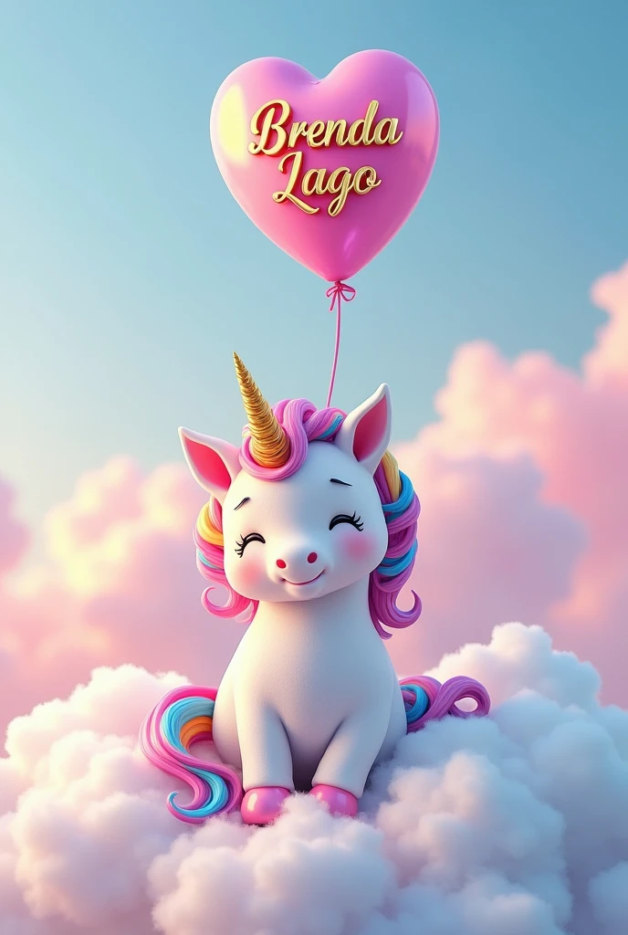 Cute colorful unicorn sitting on a fluffy white cloud ,holding a balloon with the name Brenda Lago ,in luxury letters
