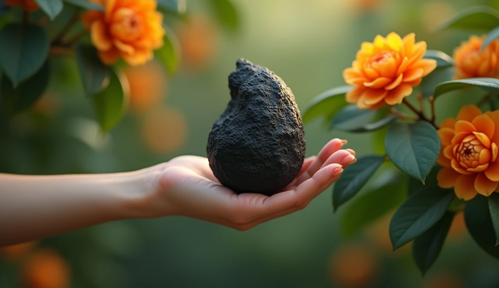 In the osmanthus forest, there is a hand holding a kind of wood，Its shape is like paper mulberry but with black texture，Its flowers are exceptionally gorgeous（best quality，4K，8k，High level，masterpiece：1.2），Ultra Detailed，（lifelike，Photo real，Photo real：1.37）