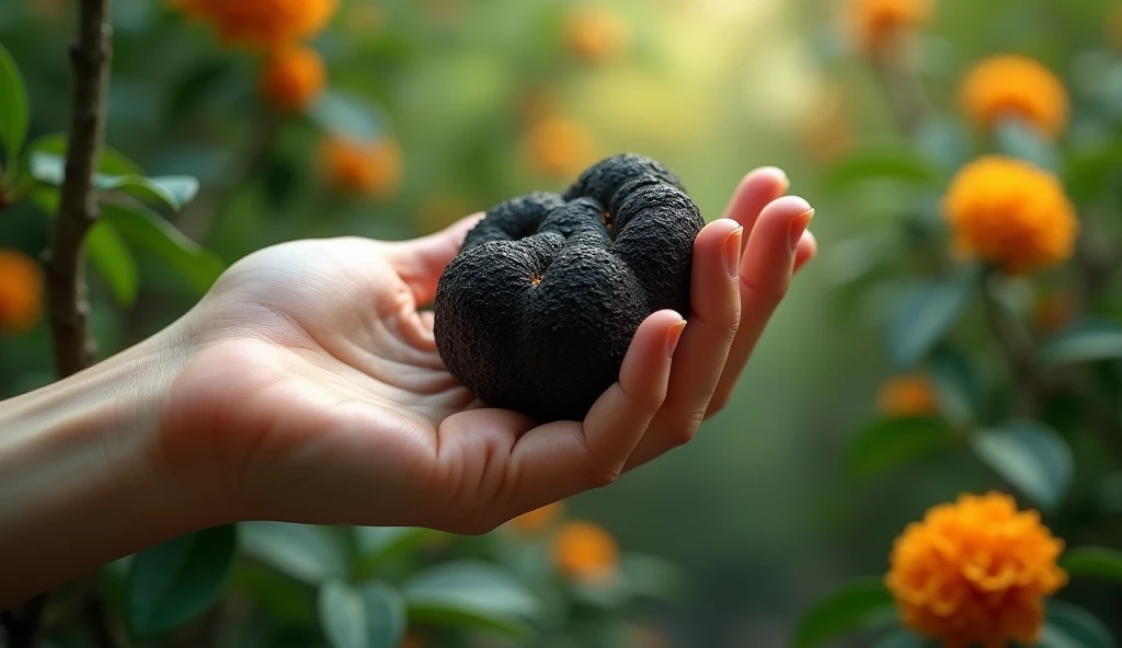 In the osmanthus forest, there is a hand holding a kind of wood,Its shape is like paper mulberry but with black texture,Its flowers are exceptionally gorgeous(best quality,4K,8k,High level,masterpiece:1.2),Ultra Detailed,(lifelike,Photo real,Photo real:1.37)