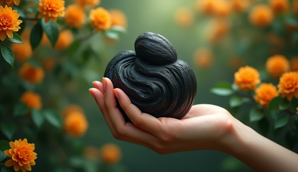In the osmanthus forest, there is a hand holding a kind of wood，Its shape is like paper mulberry but with black texture，Its flowers are exceptionally gorgeous（best quality，4K，8k，High level，masterpiece：1.2），Ultra Detailed，（lifelike，Photo real，Photo real：1.37）