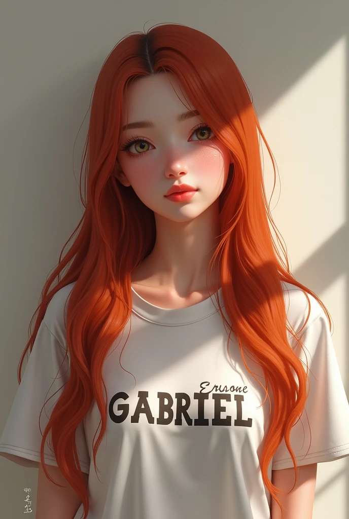 make a girl with long straight red hair wearing a shirt written Gabriel realistic detailed