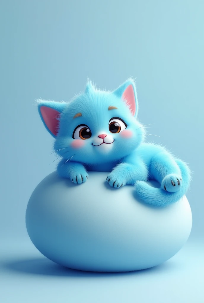 A blue furry cartoon cat lying on a ball with eyes open,Solid color background