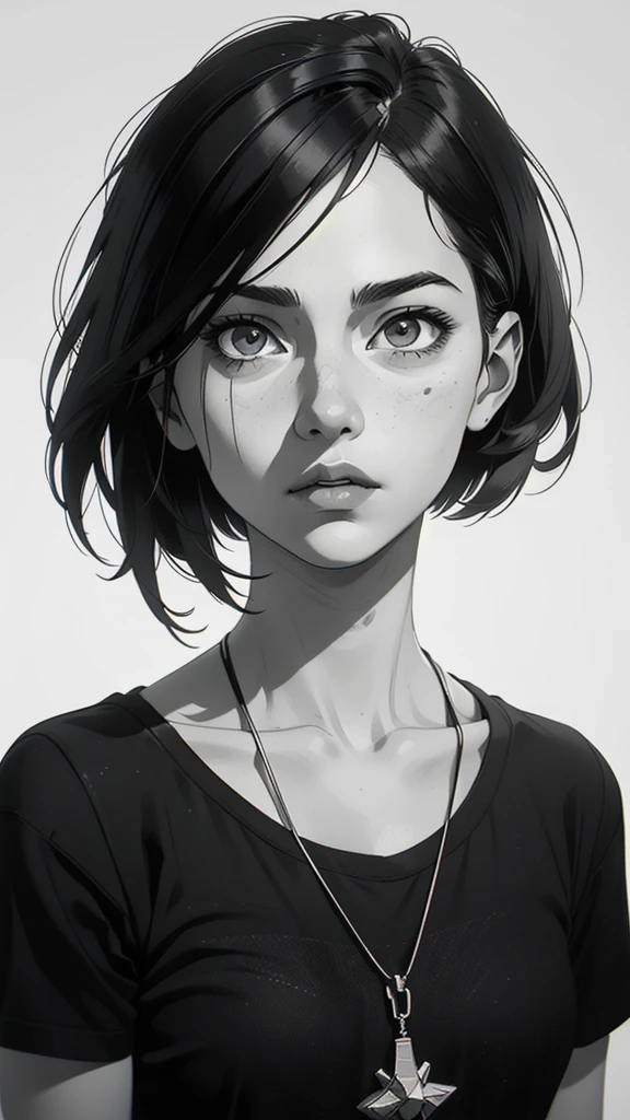 1 boyish girl, solo, sharp eyes, monochrome, greyscale, short black hair, portrait, T-shirt, closed mouth, looking at viewer, graphite \(medium\), detailed lips, hatching \(texture\), without makeup, bangs, upper body, (best illustration), (best quality), (very detailed), (masterpiece), expressionless,