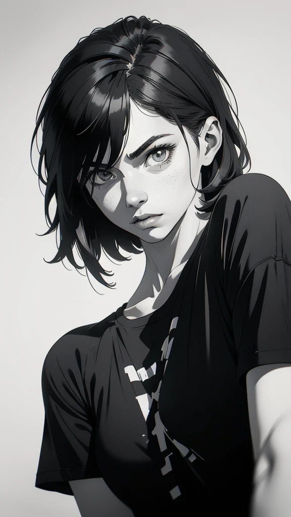 1 boyish girl, solo, sharp eyes, expressionless, monochrome, greyscale, short black hair, portrait, white T-shirt, closed mouth, looking at viewer, graphite \(medium\), detailed lips, hatching \(texture\), without makeup, bangs, upper body, (best illustration), (best quality), (very detailed), (masterpiece), expressionless,