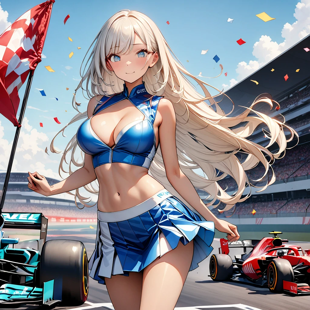 Highest quality, Great quality, 16K, Unbelievably absurd, Very detailed, 2.5D, delicate and dynamic, blue sky, Confetti, Racing Car, flag, Small face, Very delicate facial expressions, Delicate eye depiction, Very fine hair, Upper body close-up, erotic, The only sexy Japanese woman, Healthy body shape, 2. Women, Race Queen, Large, firm, swaying bust, Silvery long hair, Sexy long legs, Glowing Skin, , 派手なRace Queenのコスチューム, Blue tight skirt, White Leather Long Boots, Formula 1, Auto Racing Track