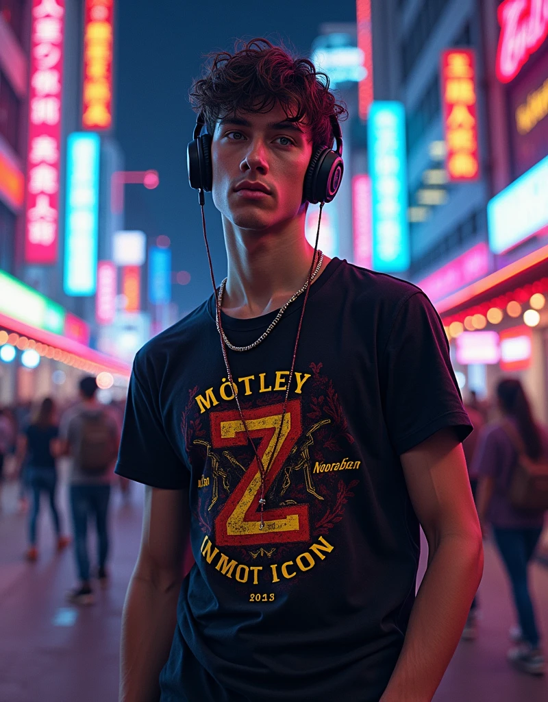 Create a cinematic picture of a Generation Z Dude wears a T-Shirt with Text "Mötley Crüe" on it and wears a cordless blue tooth headphones and brings a Sophisticated SmartPhone, Walking at neon lights city streets, epic masterpiece of Don Lawrence realistic oil on canvas painting, trending on arstation