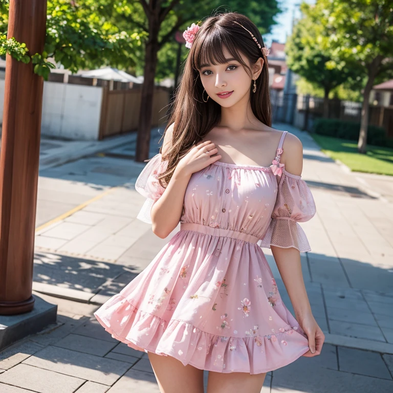 laughing out loud,travel scenery photos,Wear a sweet dress,Dress with pink flower pattern,Floral pattern scattered throughout the dress,Puff sleeves,Princess puff sleeves,Short sleeve,One-piece hem A-line skirt,(There is a layer of transparent mesh outside the skirt), Fluffy and lightweight dress,(The dress is made of mesh), There are pink ribbon bows on both sides of the collarbone.,A-line skirt with large hem,1 female, On the face, light brown hair, blunt bangs, hair behind ears, Shoulder-length hair, long hair, Slender body type, 超face slimming型, face slimming, delicate lips, beautiful eyes, Thin blush, Eyes are light brown,View here, (actual:1.3), One person's perspective, 8k, Super detailed, high quality, best quality, High resolution,2,above knee shot,Breast protrusion,Full breasts