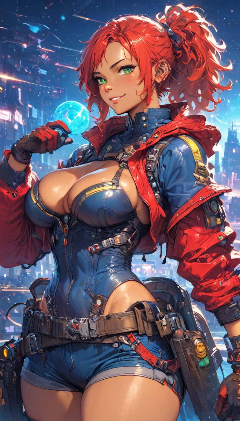 best quality,4k,8k,highres,masterpiece:1.2),ultra-detailed, extremely detailed eyes, extremely detailed body, (large masterpiece digital art), (detailed manga illustration), (detailed line art), ((perfect anatomy)), (intricate details:1.3), (ultra-detailed:1.3), (illustration:1.3), (sharp focus:1.3), (natural lighting:1.05), (vivid colors:1.3), (masterpiece), (best quality:1.4), (perfect anatomy:1.4), high quality, expressive eyes, full body, detailed face, beautiful face, perfect face, 1 girl, breasts, cleavage, gloves, large breasts, cyberpunk clothes, jacket, black jacket, very long hair, thigh length hair, ({dark skin}), dark-skinned female ,detailed ((red hair)), messy hair, green eyes, hourglass physique, bodysuit, ultramarine bodysuit, sleeveless, shorts, thick thighs, toned, captain marvel emblem, emblem, superhero, dynamic lighting, cinematic lighting, dynamic heroic pose, smiling, outer space background, curvy, Atey Ghailan, Jeremy Mann, Greg Manchess, Antonio Moro, trend in ArtStation, trend in CGSociety, Intricate, High Detail, Sharp focus, dramatic and photorealistic painting art by Midjourney and Greg Rutkowski, Jeff Bridges, ((cartoon style)), Marvel Cinematic Universe style
