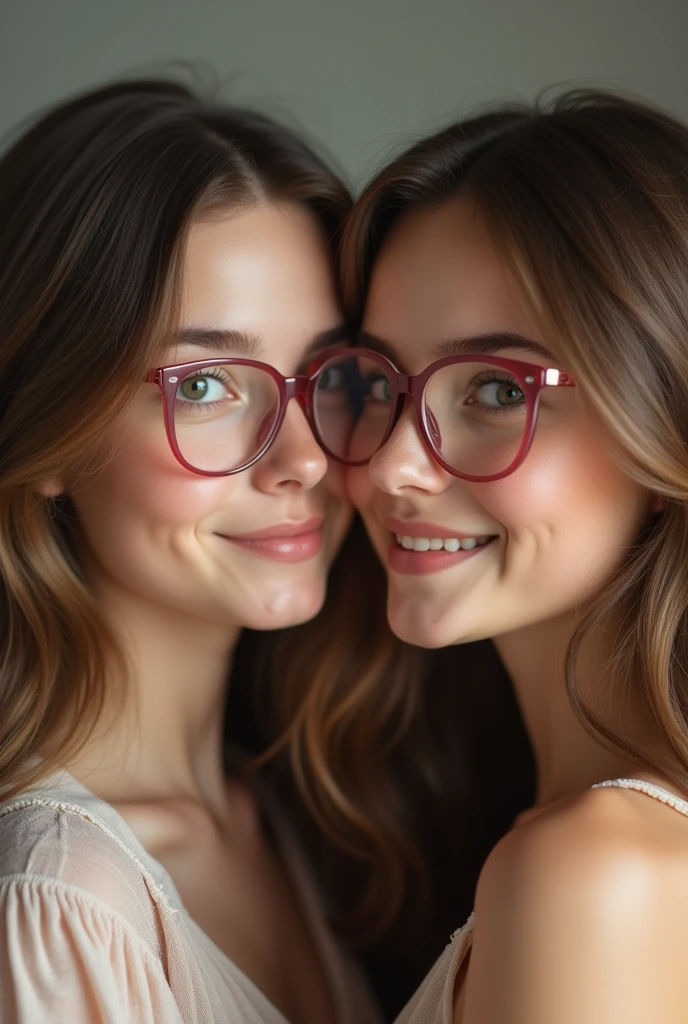 Portrait of a 2 woman, White skin color, round face, He has big dark brown eyes, small and round nose, thick but not too big lips. Wear prescription glasses with clear lenses and translucent pink frames.. Long light brown hair. She has a tender look and a tender smile without showing her teeth.. looking ahead. The woman is chubby.