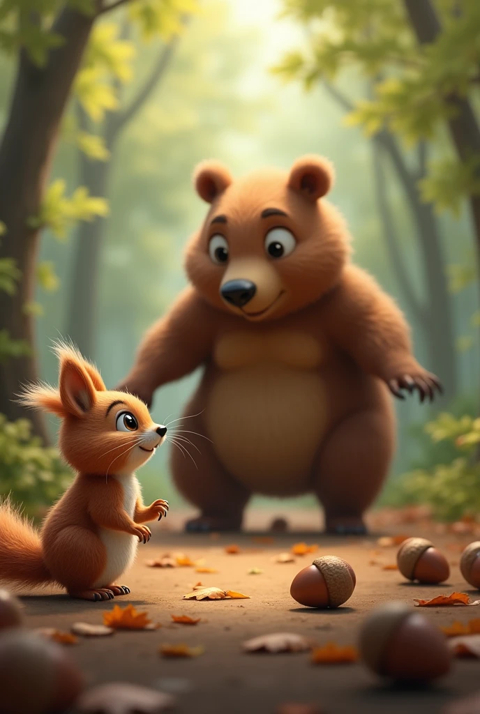 Squirrel looking on with wide eyes as Bear awkwardly tries to pick up the rolling acorns.