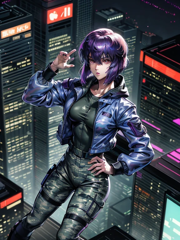 Ghost in the Shell, Motoko Kusanagi, Purple short bob cut, Hair between the eyes, Slightly asymmetrical bangs, ((Optical Camouflage Suit, Optical camouflage suit from the neck down)), Jump up into the sky, view From above, The background is Tokyo's buildings at night, Reflective and shiny, ((Night Scenery)), Lots of window lights, Glitching, glitch, ((masterpiece, best quality, high resolution)) 