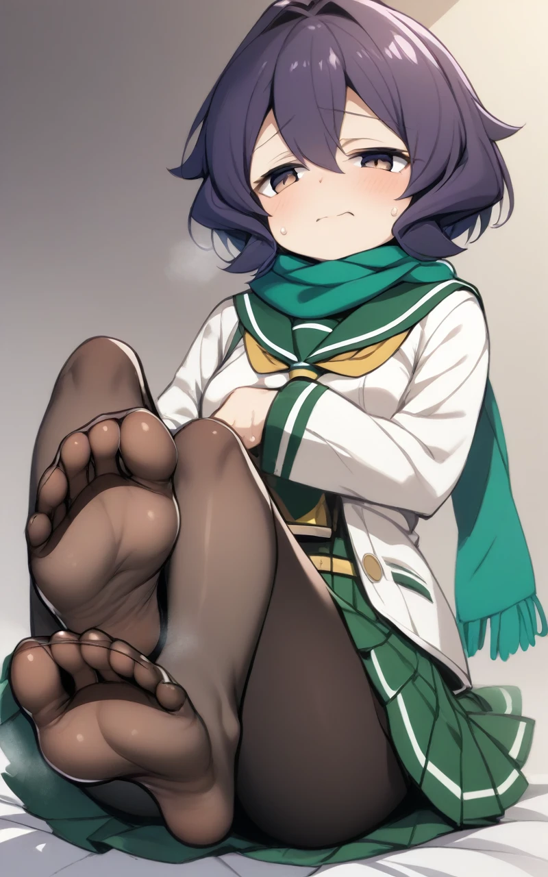 1 girl, short hair, Black Purple Hair, Hair between the eyes, Side lock, Heart Ahog, Bangs, Small Breasts +++ Utena, Dark eyes, look down +++ , Blazing Angel, Long sleeve, Green sailor collar, Green midi skirt, Pleated Skirt, scarf, Black pantyhose, spouse, Whiskers, ecstatic, Westwood Park,Stinky feet,Steam around feet,脚底Sweating很多,There are a lot of water drops on the soles of feet,Water dripping from the soles of feet,Sweating all over,Sweating, Two feet,Each foot can only have five toes,Good feet,Nice looking feet