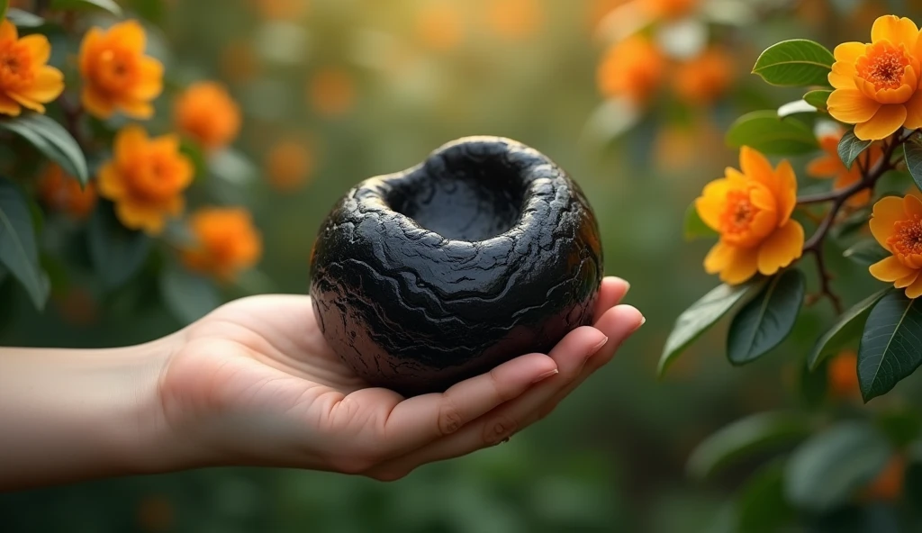 In the osmanthus forest, there is a hand holding a kind of wood，Its shape is like paper mulberry but with black texture，Its flowers are exceptionally gorgeous（best quality，4K，8k，High level，masterpiece：1.2），Ultra Detailed，（lifelike，Photo real，Photo real：1.37）