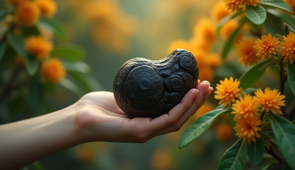 In the osmanthus forest, there is a hand holding a kind of wood，Its shape is like paper mulberry but with black texture，Its flowers are exceptionally gorgeous（best quality，4K，8k，High level，masterpiece：1.2），Ultra Detailed，（lifelike，Photo real，Photo real：1.37）