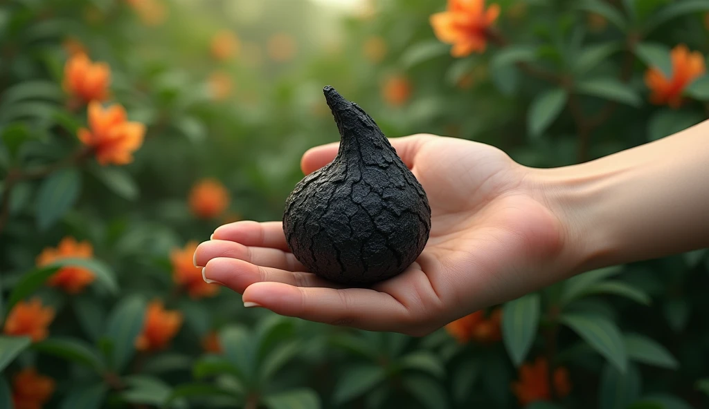 In the osmanthus forest, there is a hand holding a kind of wood，Its shape is like paper mulberry but with black texture，Its flowers are exceptionally gorgeous（best quality，4K，8k，High level，masterpiece：1.2），Ultra Detailed，（lifelike，Photo real，Photo real：1.37）