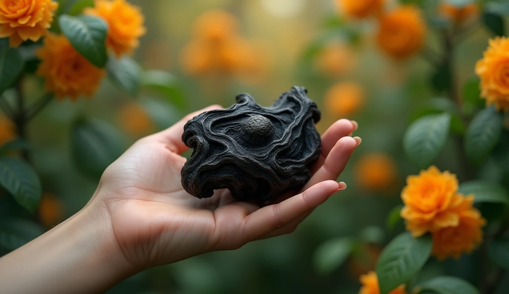 In the osmanthus forest, there is a hand holding a kind of wood，Its shape is like paper mulberry but with black texture，Its flowers are exceptionally gorgeous（best quality，4K，8k，High level，masterpiece：1.2），Ultra Detailed，（lifelike，Photo real，Photo real：1.37）