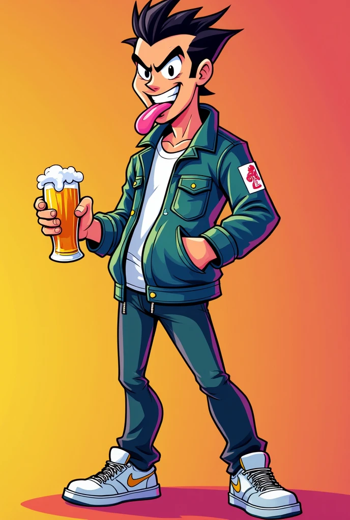 A full-body cartoon-style image of a man with a mischievous and edgy expression. He is holding a beer glass with bright, bold, and vibrant colors, in a confident and assertive pose. The man has spiky hair, sharp features, and is sticking out his tongue playfully with a smirk on his face, giving off a rebellious, cool, and cheeky vibe. His eyes are half-lidded, giving him a relaxed, slightly teasing look. He is now dressed in a different, stylish casual outfit. The background is removed, leaving the man on a plain, solid-colored background with eye-catching, neon-like colors. The scene is fun, lively, and has a bold, energetic vibe. ลิ้นยังไม่สมส่วน