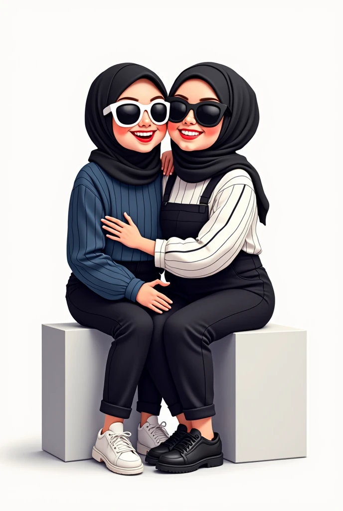 there are two women taking a studio photo. the woman on the left is sitting on a white block stand wearing a black hijab, a navy vertical striped shirt, and black pants with her right leg crossed over her left leg. and wearing white framed sunglasses with black glass in a pose hugging the woman next to her from the side

and the woman on her right is sitting on a white block shorter than the woman on her left, wearing a black hijab, black overall pants and a white shirt with black stripes, wearing sunglasses with a pose showing her teeth

change in cartoon animation