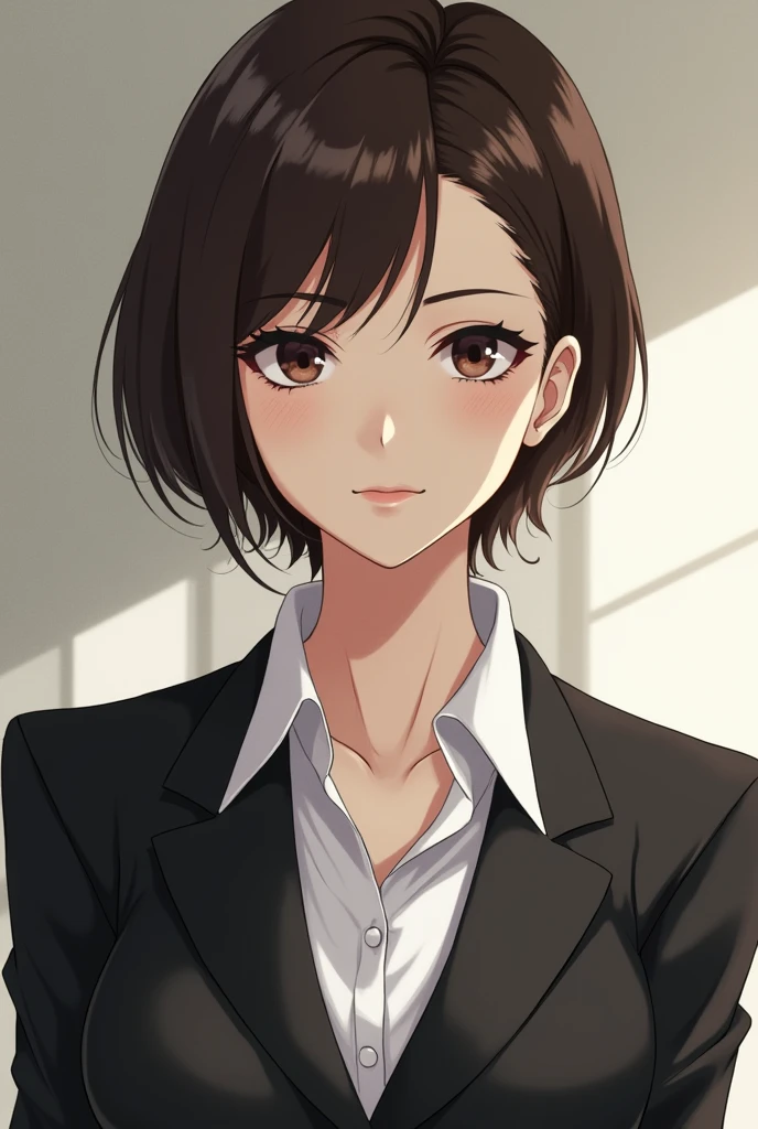 (Highest quality,High resolution,Very detailed, anime style),1 girl, Beautiful and elegant dark brown eyes, Brown Hair, Cold Smile, short hair, pixie Hair, Wearing a suit, Mature Woman, Age 25,Cruel smile, Calm and Calm, Slim figure, Pale complexion, thin, Calm, secretary