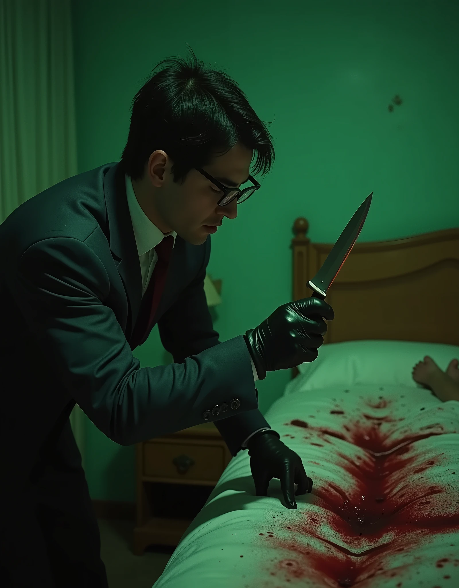 Italian crime film, horror, giallo scene, nerdy killer, man, black glasses, black gloves, butcher knife, girl tied up on bed, blood spatter, dirty hotel room, cinematic lighting, , Realism, Luminism, cinematic lighting, Eye-Level Shot, Ultra-Wide Angle, high details, award winning, best quality, 16k, ccurate, retina, UHD, textured skin, super detail, luric vivid colors, soft green back lighting, blood, fear, retro aesthetic, Dario Argento style, Mario Bava style, Fumetti, horror comic book aesthetic