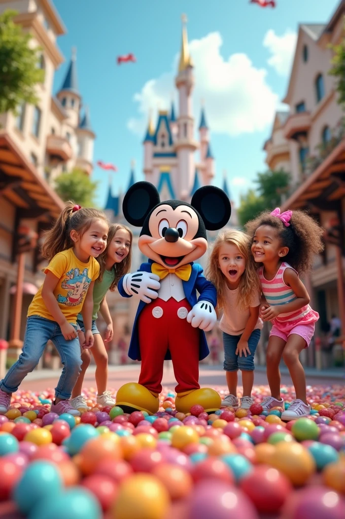 Happy kids in the Disney world, with mickey mouse and candies