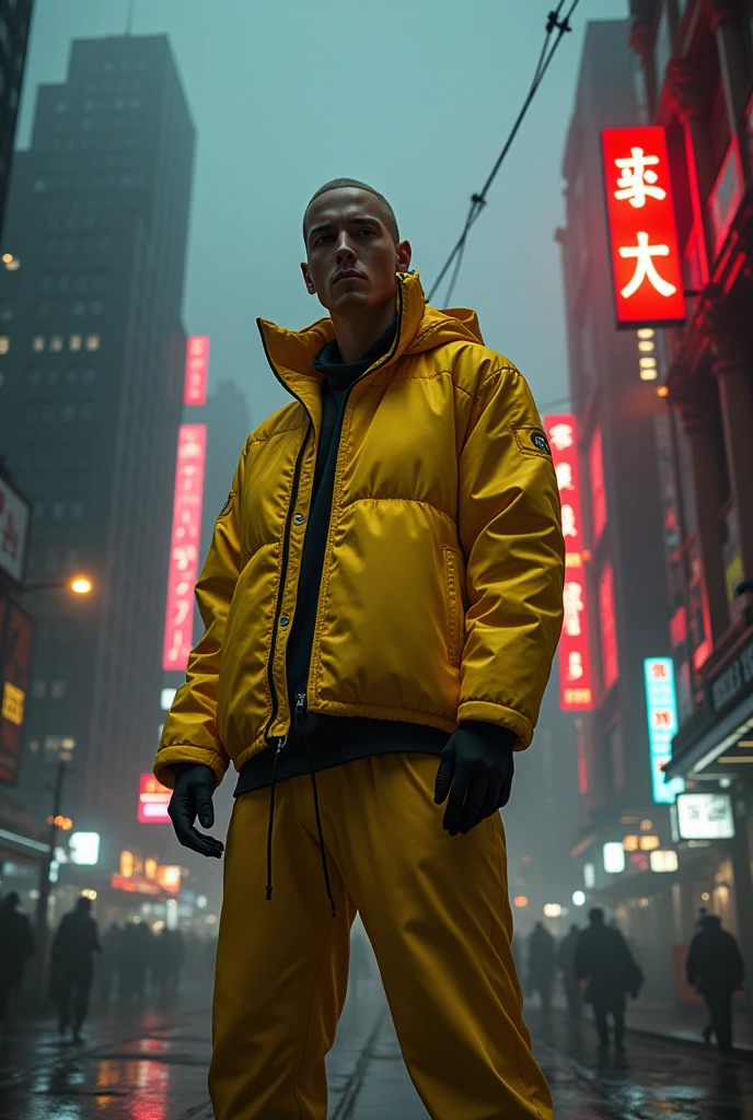 Eminem in yellow suit in cyberpunk at night, black and red neon effect with fog