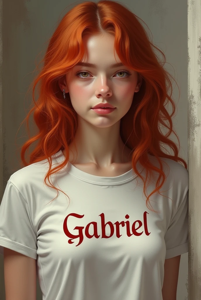 make a red hair girl wearing a shirt written Gabriel realistic detailed