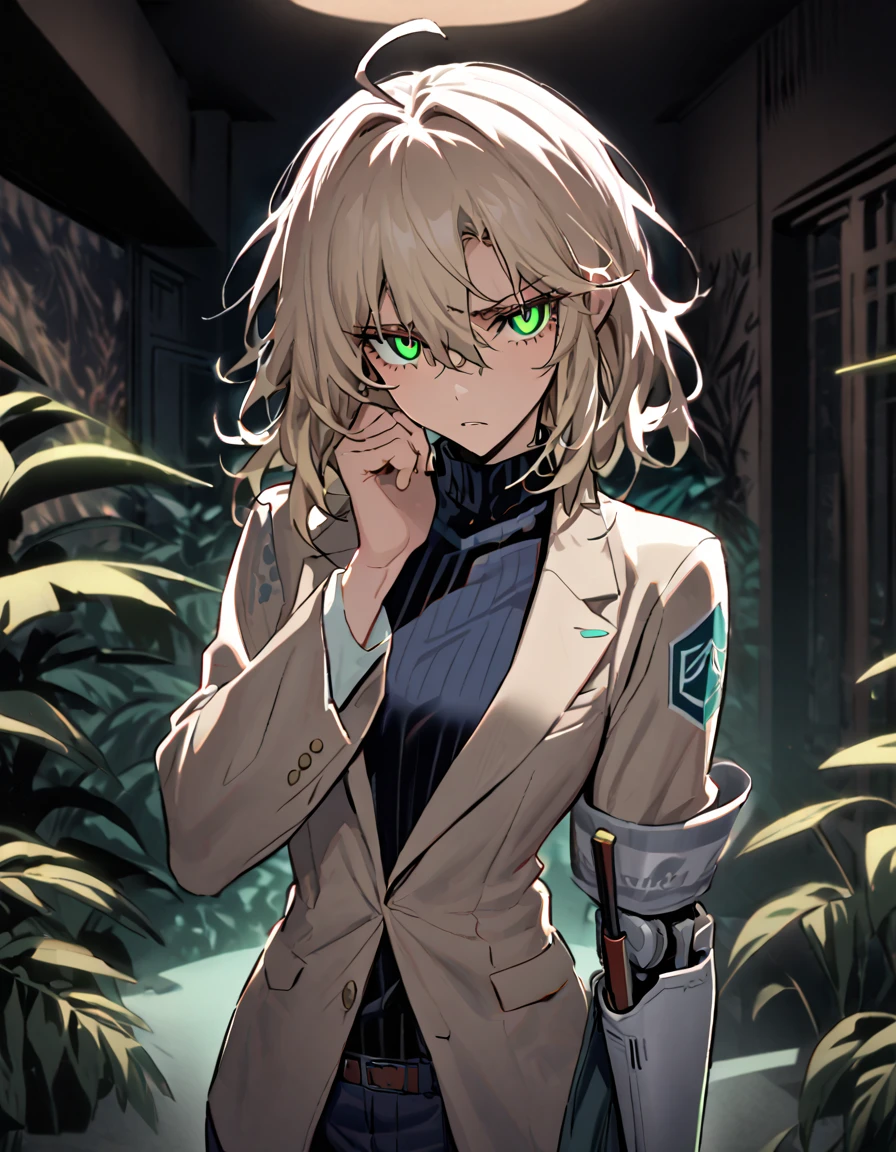 green eyes, looking at viewer, female, forest room background, messy hair, grey shoulder-length hair, ponytail, parted lips, hair between eyes, ahoge, background in low light, dark, night, emotionless, dark beige blazer, dark-navy blue pants, glowing eyes, one hand on face, no emotion, bored, frown, trees, standing, black turtleneck, one prosthetic arm, short sword on hip, sheath, puripurijet