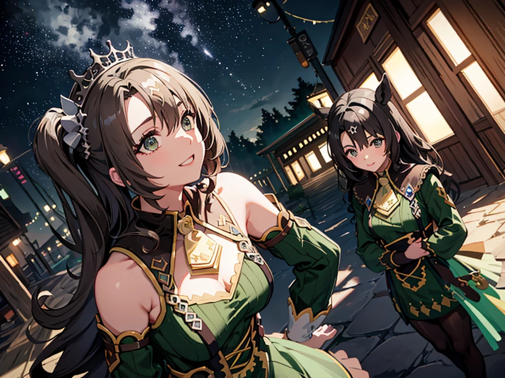 masterpiece、Highest Resolution、Highest quality、Highest quality、Chest is center right、solo、Key Visual。Horse ears girl。Green knit dress、Green shoulderless dress。Brown short knit pants、Brown pantyhose。Large light blue cloak。Moonlit night starry sky background、Strong winds。Red lipstick、smile、Cleavage。Look to the right、Brush your hair up with your hands、Touch your head with your hand、Hands on hips。Brown Eyes。Long Hair、Half Twin、Half Up。hair ornaments。