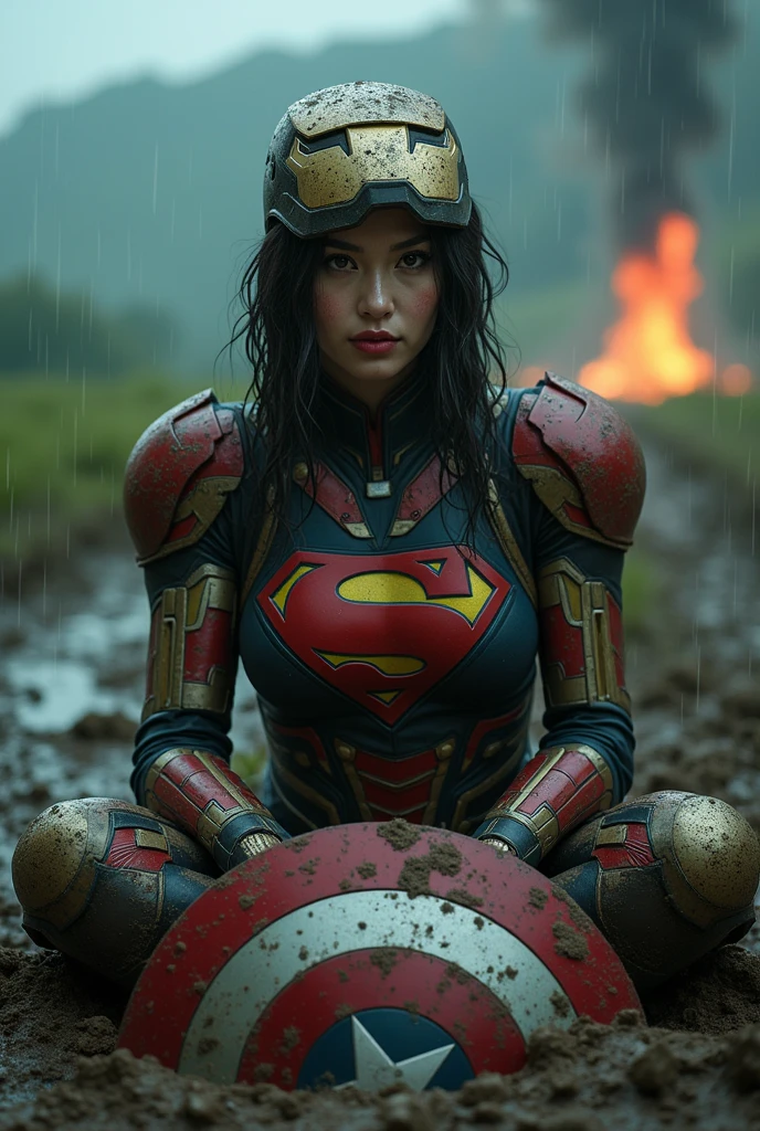 Wearing Iron Man's armor and helmet, Superman logo on the chesta woman that is sitting in the mud, anime thai girl, 2019 trending photo, dirty face, japanesse farmer, it is night and raining, with a orientalist smileful face, sexy girl, chinese dress, underwear ad, farmville, ancient photograph, cute adorable, sludgy, hoang lap, unknown, plains, bad print, the character holding Captain America's shield, behind me is the smoke of war.