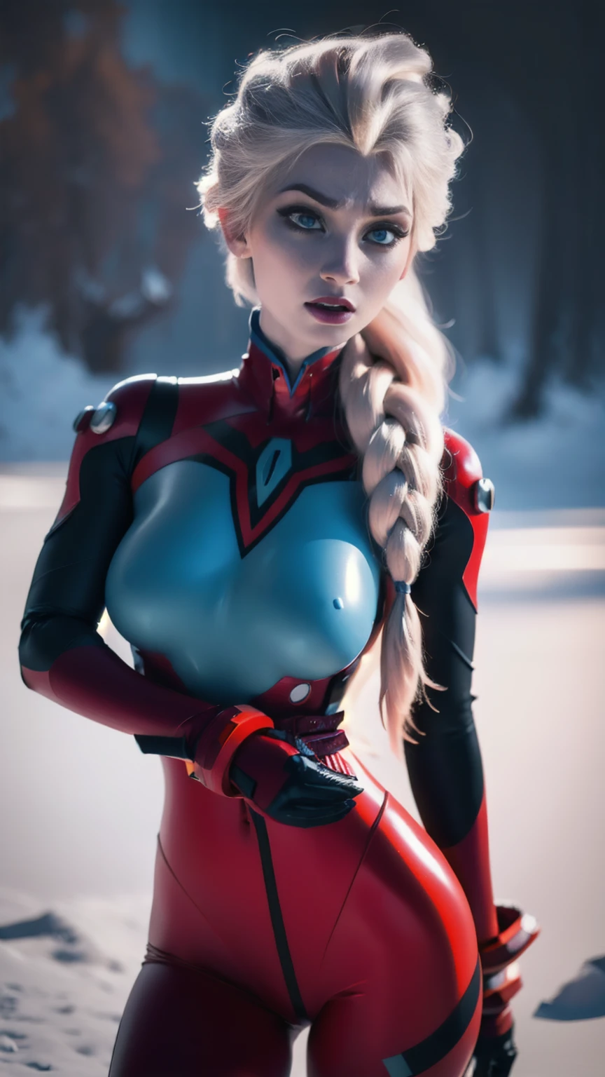 Elsa from "Frozen", wearing an evangelion plugsuit (pale blue:1.33), long platinum blonde hair in single braid, ice blue eyes, in various fighting poses, (wide angle shot:1.32), snow covered NYC setting, highly detailed, photorealistic, 8k, (best quality,4k,8k,highres,masterpiece:1.2),ultra-detailed,(realistic,photorealistic,photo-realistic:1.37),HDR,UHD,studio lighting,extremely detailed,vivid colors,dramatic colors, sysdeep_elsa, an14, no bra