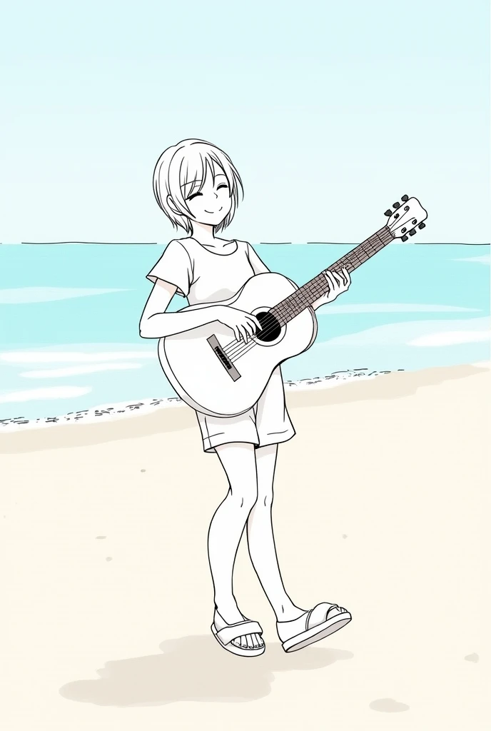 Make a simple tumbler style drawing of a girl with short hair at the neck playing the guitar on the beach with a relaxed and happy expression, with eyes closed turned sideways