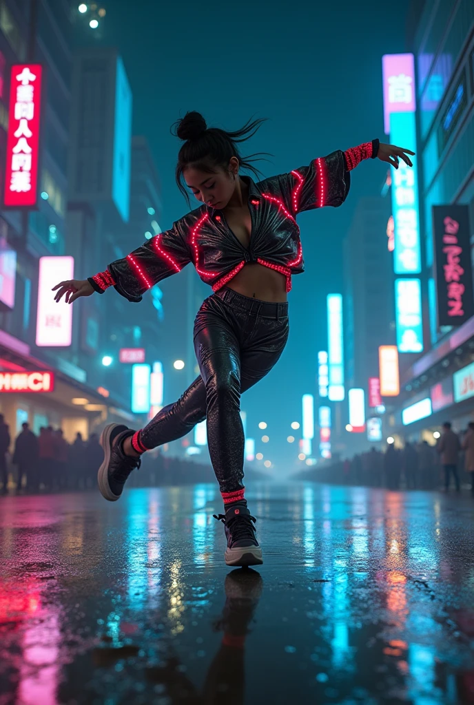 photo-realistic, dramatic scene, cinematic scene, masterpiece, (extremely beautiful Japanese boyish fat girl), professional dancer, full body, acrobatic pose, dynamic angle, breakdancing at street at night, cyber punk downtown with neon, her brilliant fantastic dance techniques, professional light, stage light, spot light, (extremely intricated with extremely complex cyber punk mecha armored full-face gas mask:1.5), (wearing the absolute strongest cyber punk mecha-suits with neon marker:1.5),