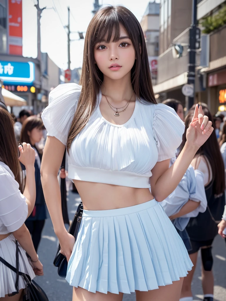 Product quality,1 girl,Cowboy Shot,Front view,Young and sexy Japanese girl,20-year-old,Harajuku,(Crowded street:1.4),Snazzy(Blue:1.5),shirt,wear,(Snazzyバッグ:1.3),Fashionable necklaces,Snazzyイヤリング,((White super short micro pleated mini skirt:1.5)),wear,Very cute face,Glossy Lips,Double eyelids on both eyes,(Natural Makeup),shiny smooth light brown long hair,,,Asymmetrical bangs,Center image,8k resolution,Attention to detail,Detailed hairstyle,Detailed face,Cinema Lighting,Octane Rendering,Ultra-realistic,Perfect limbs,(Detailed fingers:1.5),Beautiful legs,Voluptuous thighs,Huge breasts,Perfect Anatomy,(Model pose:1.3)