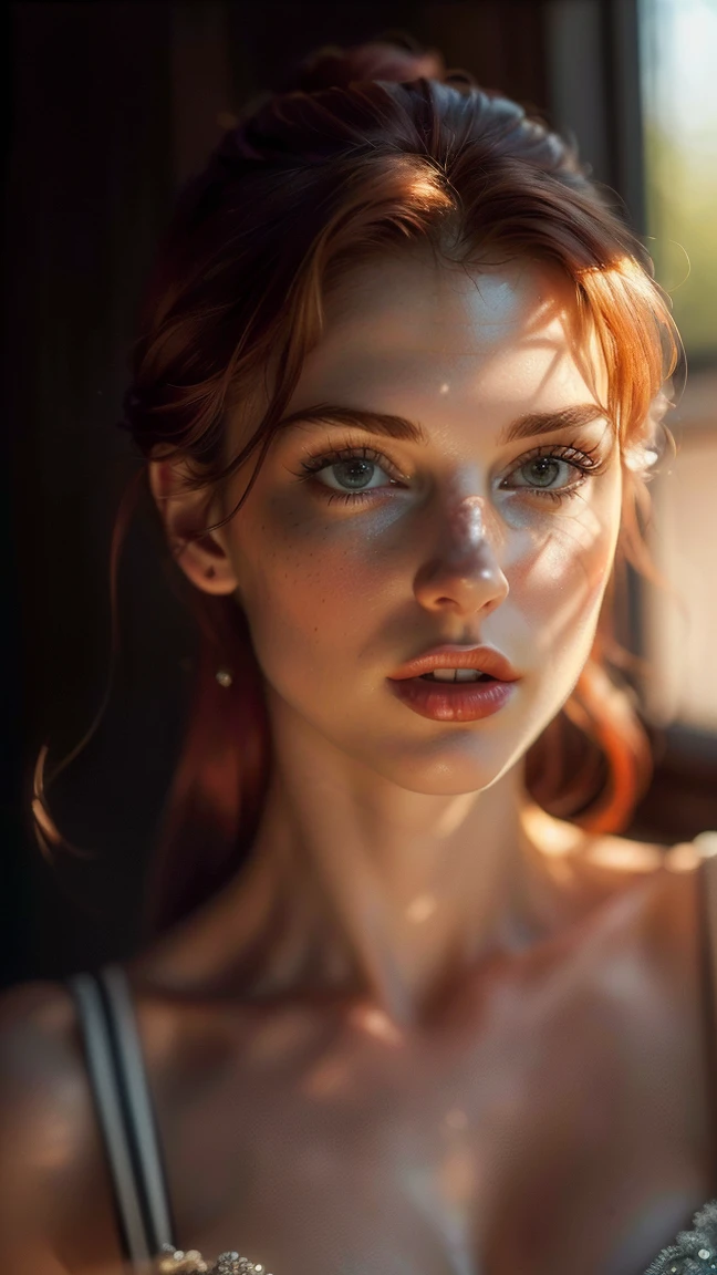 ((masterpiece, high quality, High resolution:1.4), (standing:1.2), (whole body), red hair wine, eyes the color of honey, elegant clothes, very detailed skin, skin pores, (Very detailed face:1.2), (very detailed eyes:1.2), realist pupils:1.2, full face blush, full lips, (perfect anatomy:1.1), (perfect proportions:1.1), (Photography:1.1), (photorealist:1.1), volumetric lighting, dynamic lighting, real shadows, (High resolution:1.1), sharp focus, (realist, hiperrealista:1.4), Intricate, High detail, dramatic, Subsoil Dispersion, great depth of field, vivid, pulido, sharp, ((completamente sharp)), (Extremely absurd),16k hdr, 2, elegant bearing, Amazing beauty, serious and mature face
