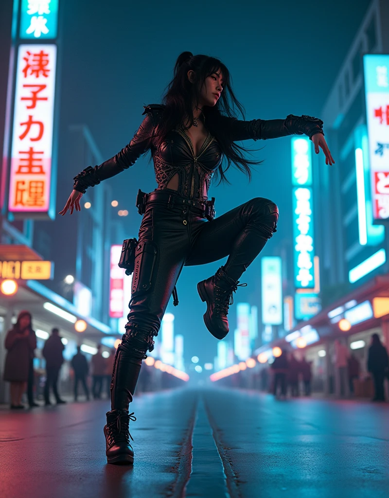 photo-realistic, dramatic scene, cinematic scene, masterpiece, (extremely beautiful Japanese boyish fat girl), professional dancer, full body, acrobatic pose, dynamic angle, breakdancing at street at night, cyber punk downtown with neon, her brilliant fantastic dance techniques, professional light, stage light, spot light, (extremely intricated with extremely complex cyber punk mecha armored full-face gas mask:1.5), (wearing the absolute strongest cyber punk mecha-suits with neon marker:1.5),