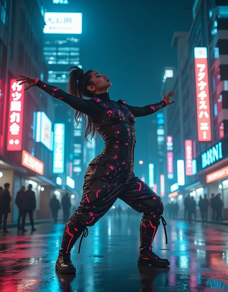 photo-realistic, dramatic scene, cinematic scene, masterpiece, (extremely beautiful Japanese boyish fat girl), professional dancer, full body, acrobatic pose, dynamic angle, breakdancing at street at night, cyber punk downtown with neon, her brilliant fantastic dance techniques, professional light, stage light, spot light, (extremely intricated with extremely complex cyber punk mecha armored full-face gas mask:1.5), (wearing the absolute strongest cyber punk mecha-suits with neon marker:1.5),