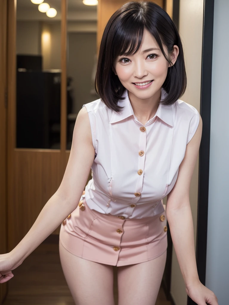 (Highest quality:1.5)、(masterpiece:1.5)、(8k:1.5)、(Flat Chest:1.5)、(Sleeveless, tight, light pink business shirt:1.5)、(A skirt so short that you can almost see her panties:1.5)、(Slender:1.5)、(Blushing:1.5)、(smile:1.5)、(whole body)、(Thin and beautiful legs:1.3)、((50 year old mature woman:2.0))、(Erect nipples:1.4)、(Entrance of the apartment:1.5)、(Elegant hairstyle:1.3)、(One woman:1.5)、(Beautiful black hair:1.5)、(Open the buttons on your business shirt:1.5)、(Leaning forward:1.5)