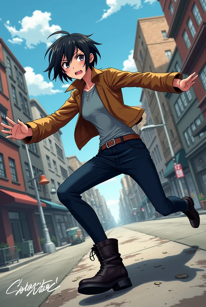 An 1 anime girl with short black hair and boy-like clothes hits a thief in the face and kicks him until he falls to the ground. 