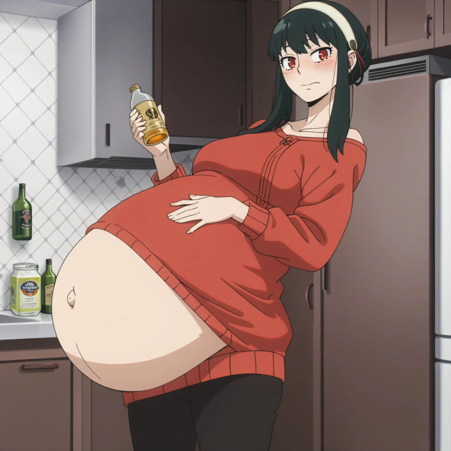 looking at viewer, solo, YorForger,1girl, ((middle breast)), ((belly stuffed)), ((huge belly)), ((very drunk)), ((staggers)), black hair, red eyes, short hair with long locks, white hairband, off shoulder, ((red sweater)), black pantyhose, ((drank too much)), ((exhausted)), ((agitated)), ((in front of a fridge)), ((open fridge)), ((lean on the fridge)),