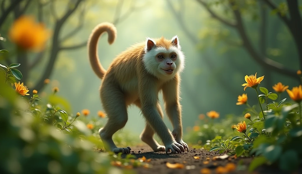 There is a wild beast in the osmanthus forest，It looks like a monkey but has white ears.，Walking like a human（best quality，4K，8k，High level，masterpiece：1.2），Ultra Detailed，（lifelike，Photo real，Photo real：1.37）