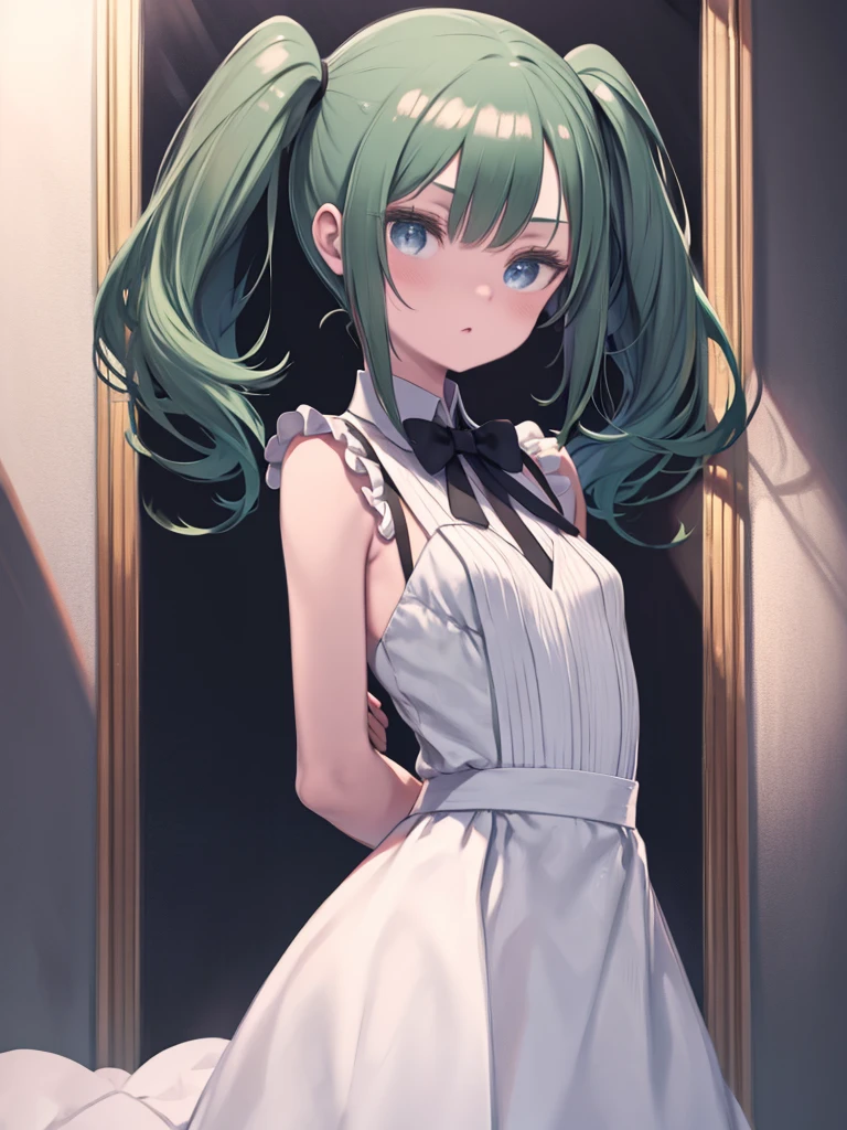 Innocence, Dark green hair, Twin tails, Put your arms behind your back, White Dress, Black waist tie, ,blue eyes,