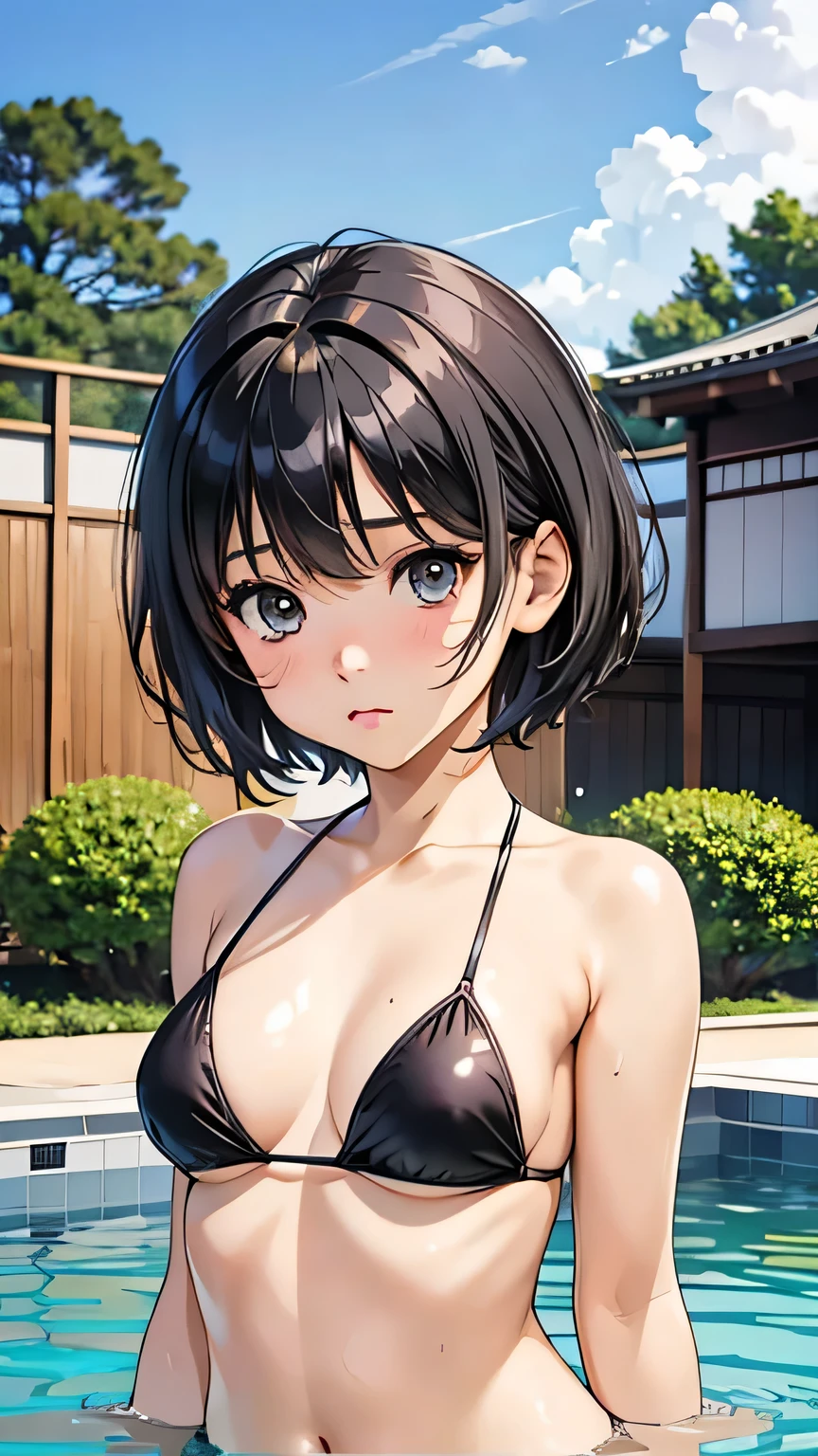 (A beautiful young Japanese woman), nsfw, (((solo))), ((Excellent anatomy: 1.2)), (Random hair color, Random hairstyle), Big Tits, Green Eyes, (dark skin:1.5), (((Extreme Micro String Bikini in Random Colors))), Earrings, Poolside, Strong sunlight, Midsummer, The light is on my face, (Dynamic Angles), grin, Flushed face, (ceavage:1.3), (The whole body is visible:1.5), Poolsideの床に座っている, spread legs, Beautiful thighs, (((Condom))), Place your hands behind your head, ((cum on body)), ((Armpit Hair)), 